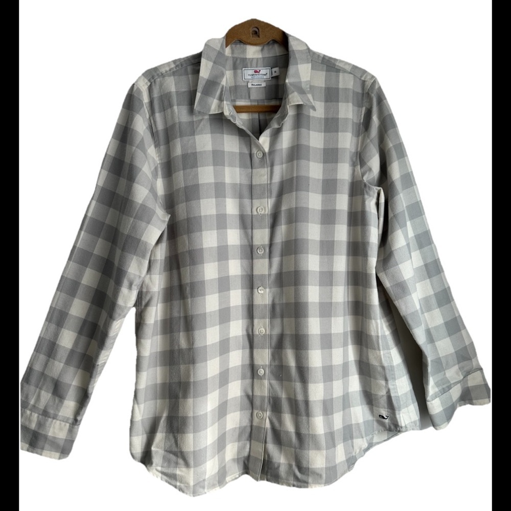 Vineyard Vines Women’s Light Gray Plaid Performance Relaxed Shirt Sz 14